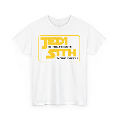 Stylish Men's T-Shirt Featuring Jedi Sith Design - A luxurious apparel choice for Star Wars fans, featuring vibrant yellow text and unique aesthetic.