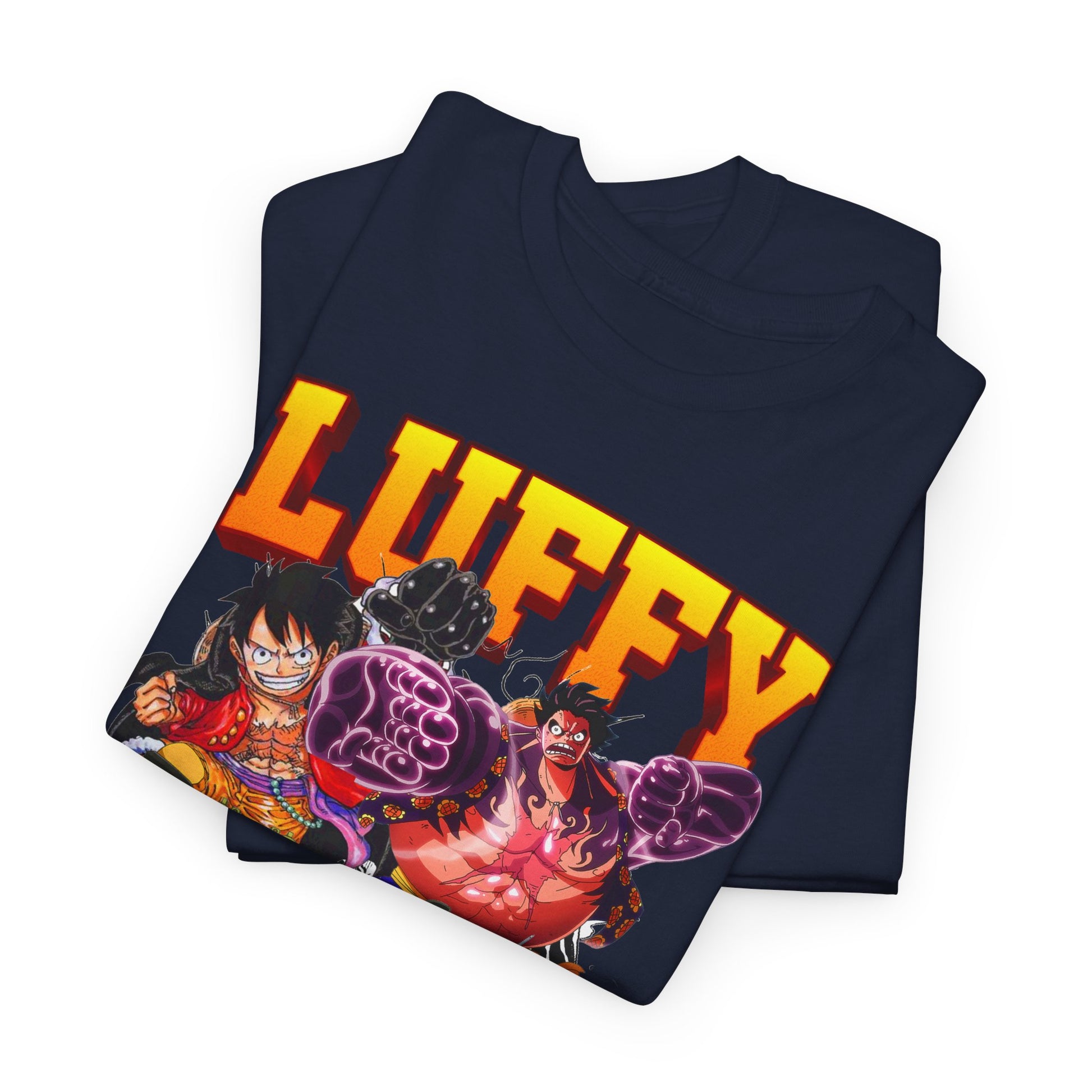 Elegant folded navy blue t-shirts displaying vibrant Luffy imagery, ideal for stylish individuals wanting to express their love for the One Piece franchise.