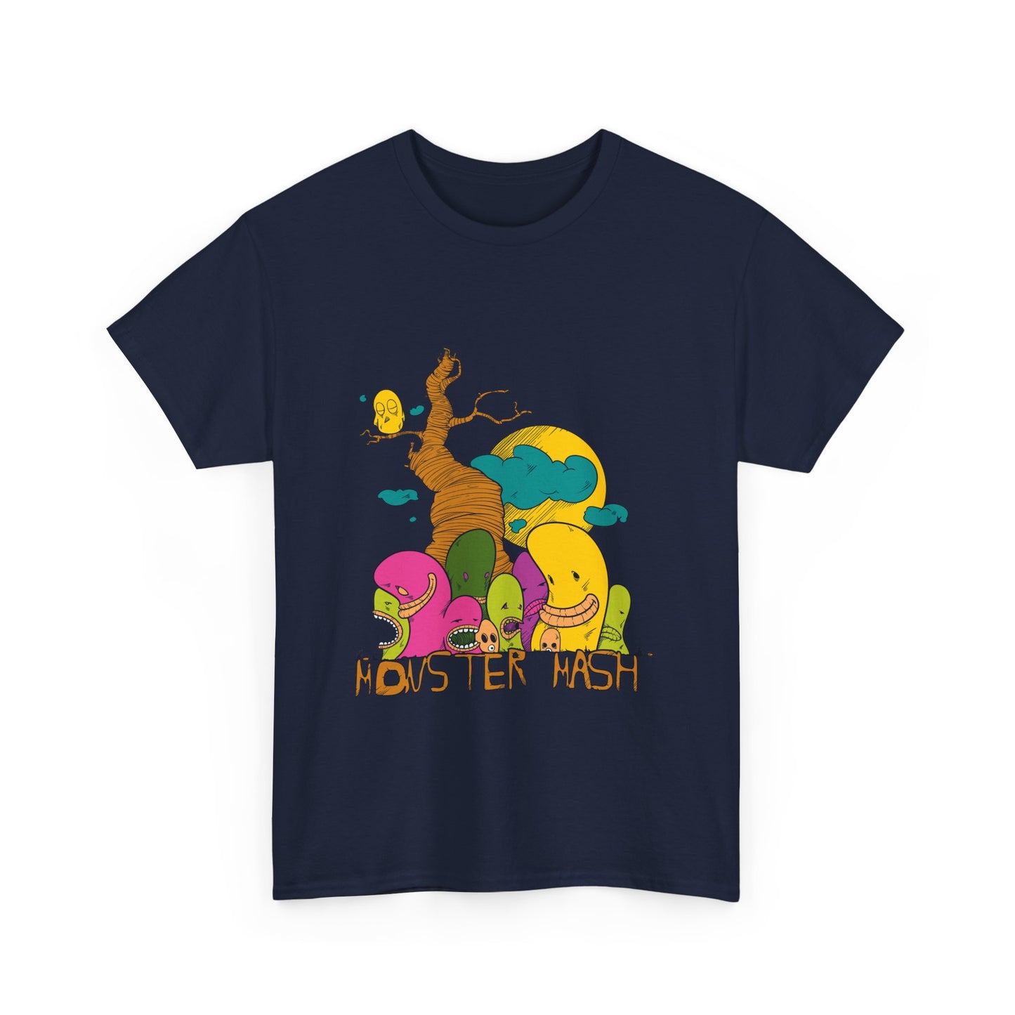 Navy t-shirt featuring an artistic 'Monster Mash' graphic with colourful cartoon creatures and a whimsical tree, perfect for making a statement.