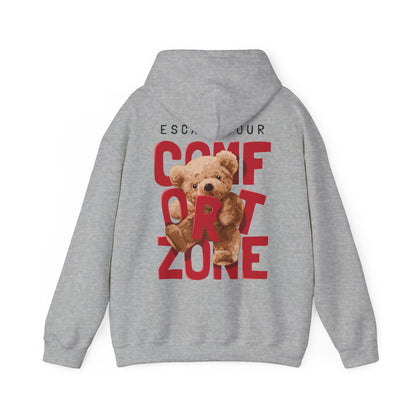 Chic grey hoodie adorned with a captivating back print displaying 'ESCAPE YOUR COMFORT ZONE' complemented by a delightful teddy bear illustration.