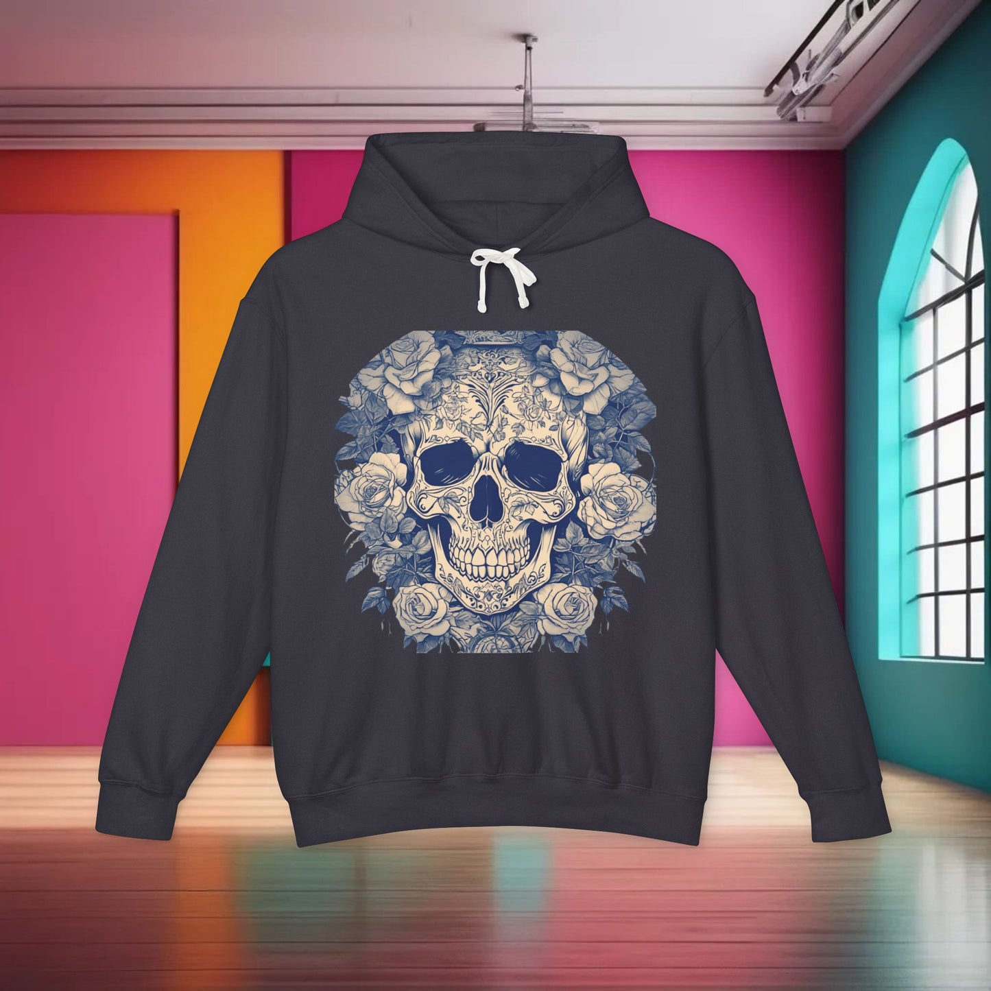 Unisex Lightweight Hooded Sweatshirt unique designer skull and roses