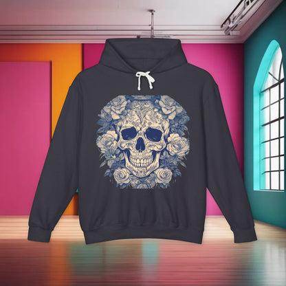 Unisex Lightweight Hooded Sweatshirt in dark grey with a distinctive skull and roses design, embodying the essence of edgy luxury.