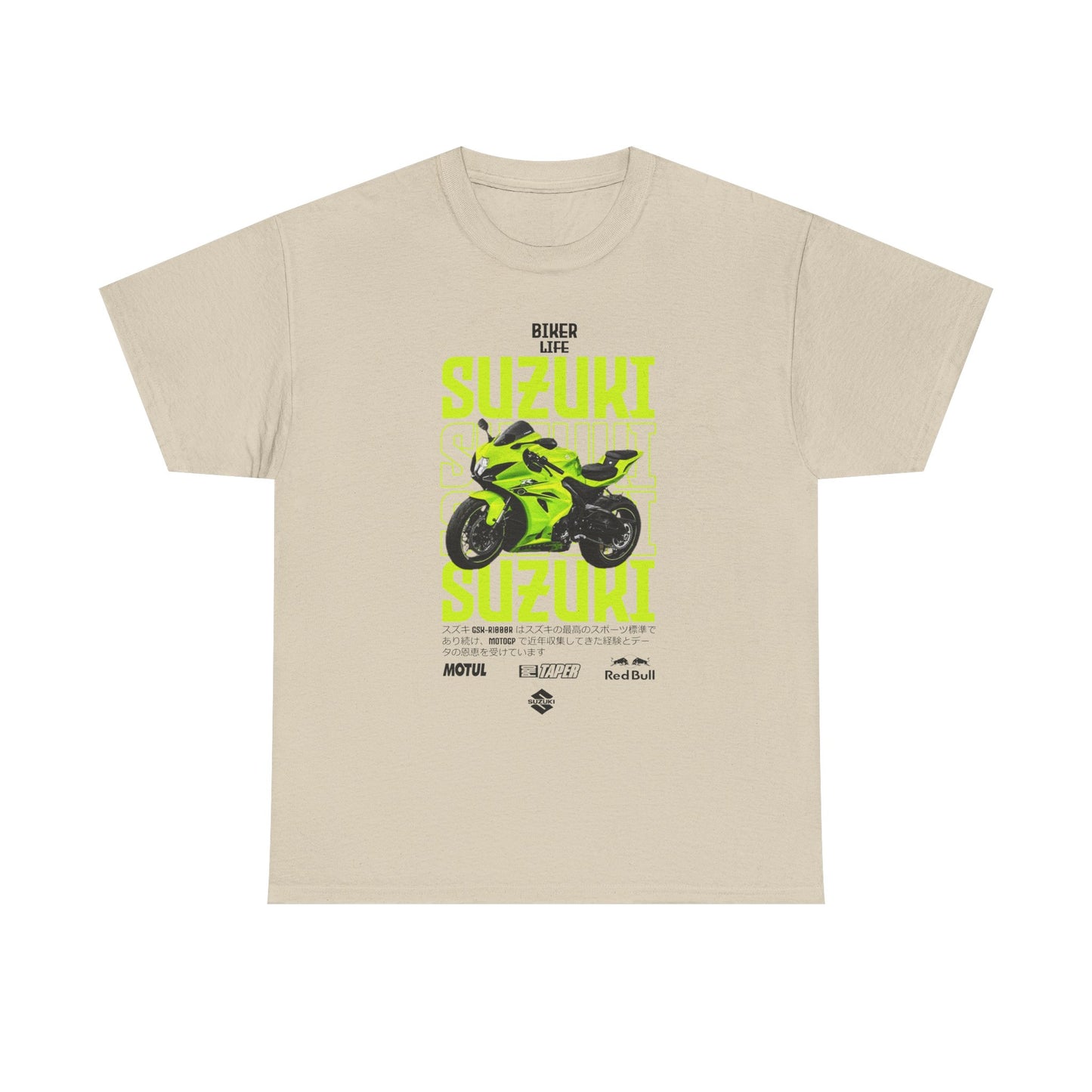 Chic beige men’s T-shirt illustrating an eye-catching Suzuki GSX-R motorcycle design, paired with prominent 'BIKER LIFE' lettering in vivid green, capturing the essence of luxury and adventure in biker fashion.