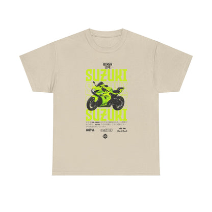 Chic beige men’s T-shirt illustrating an eye-catching Suzuki GSX-R motorcycle design, paired with prominent 'BIKER LIFE' lettering in vivid green, capturing the essence of luxury and adventure in biker fashion.
