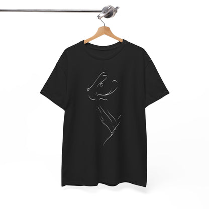 Elegant black graphic tee elegantly displayed on a wooden hanger, showcasing a whimsical animal design for sophisticated streetwear.