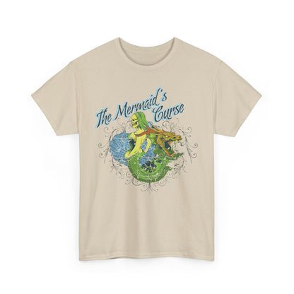 Luxury t-shirt featuring an enchanting fantasy design depicting a mermaid and dragon, with vibrant colours and intricate details, perfect for fantasy enthusiasts.