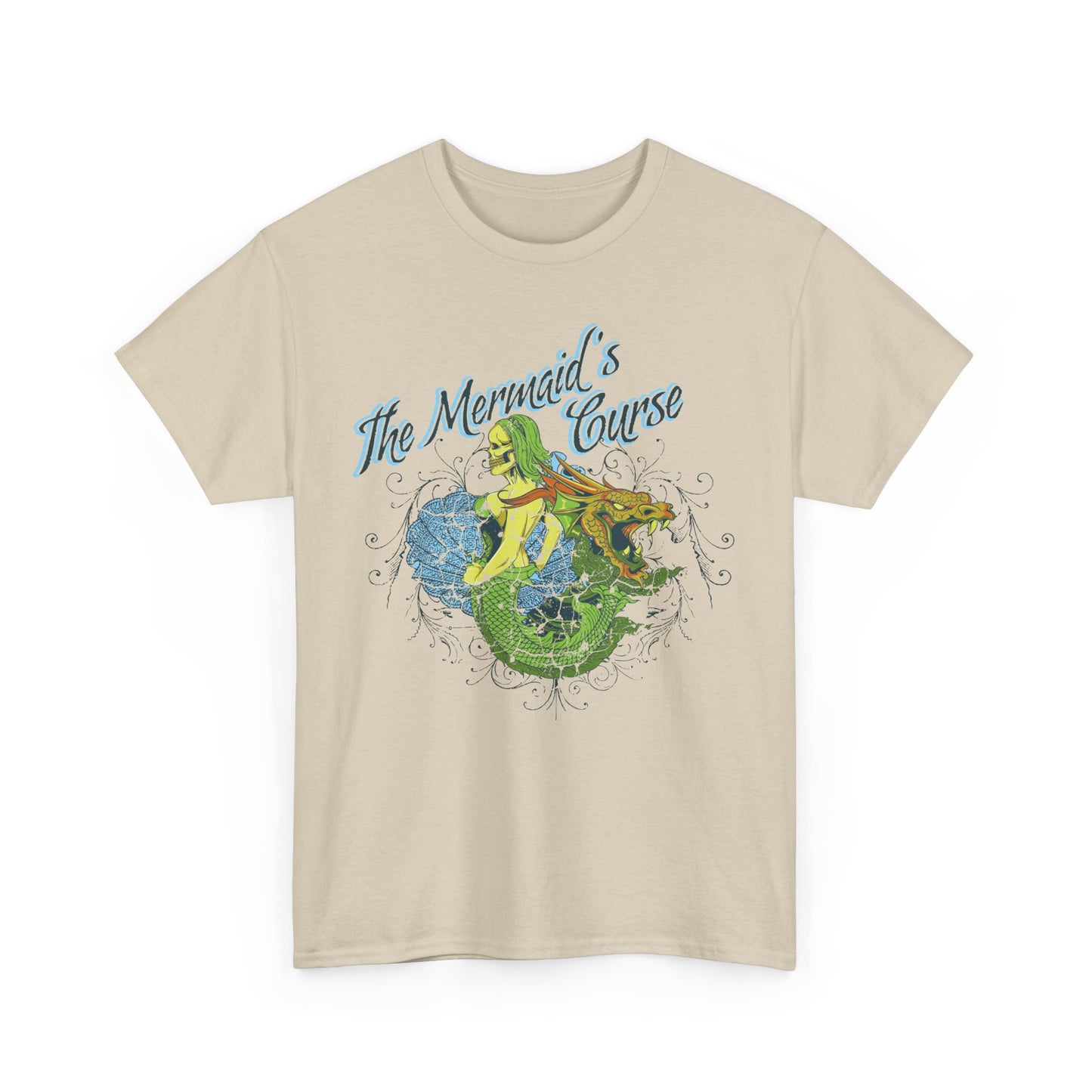 Front view of a cream t-shirt featuring the enchanting design 'The Mermaid's Curse,' showcasing intricate illustrations of a siren and dragon.