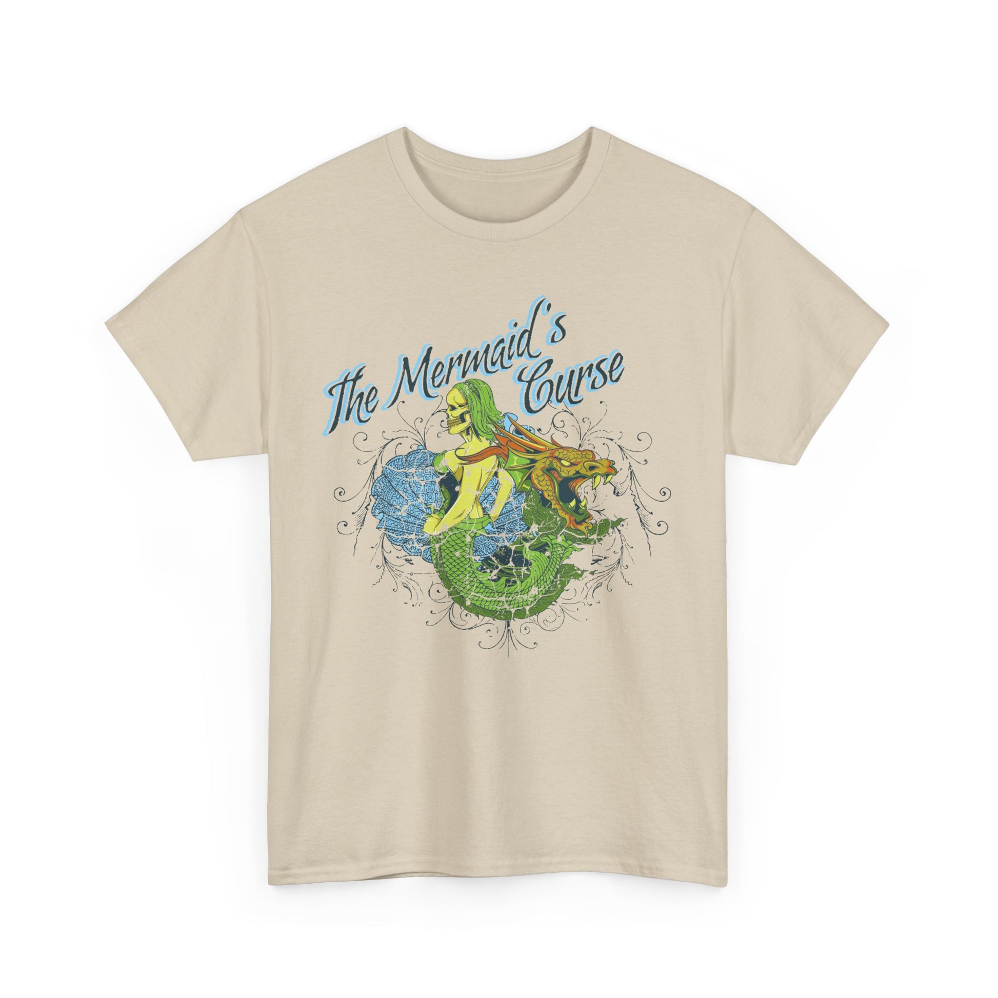 Front view of a cream t-shirt featuring the enchanting design 'The Mermaid's Curse,' showcasing intricate illustrations of a siren and dragon.