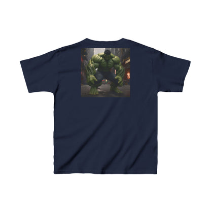 Kids Incredible Hulk Heavy Cotton T-Shirt showcasing a striking image of the Hulk on a sophisticated navy backdrop, designed for fearless young adventurers.