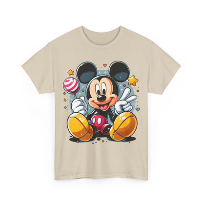 Front view of a luxurious Mickey Mouse unisex graphic tee shirt in beige, featuring a playful design of Mickey with festive details that evoke joy.
