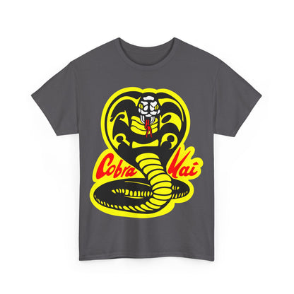 Cobra Kai Graffiti Graphic Unisex T-Shirt - front view in elegant grey featuring the bold Cobra Kai logo, ideal for stylish, everyday wear.