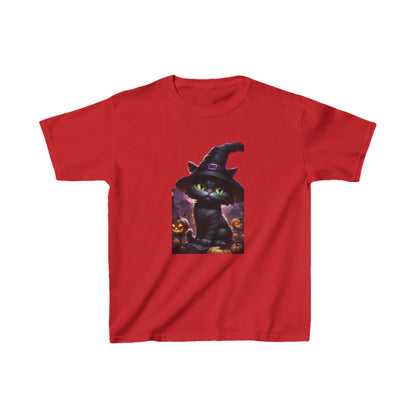 Kids Cute Kitten Halloween T-shirt illustrating a delightful black kitten wearing a witch's hat amidst pumpkins, available in vibrant red colour - Heavy Cotton Tee by Dazzling Dreams.