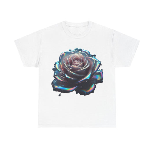 Ethereal Rose Unisex T-Shirt in white, showcasing a stunning iridescent rose design, ideal for a chic and stylish look.