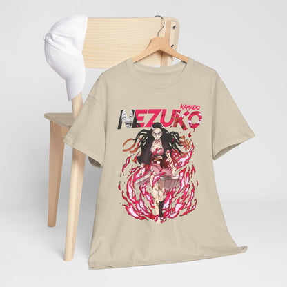 Chic Nezuko Kamado T-shirt styled alongside a cap, showcasing its versatility for casual or street style, appealing to fashion-forward anime lovers.