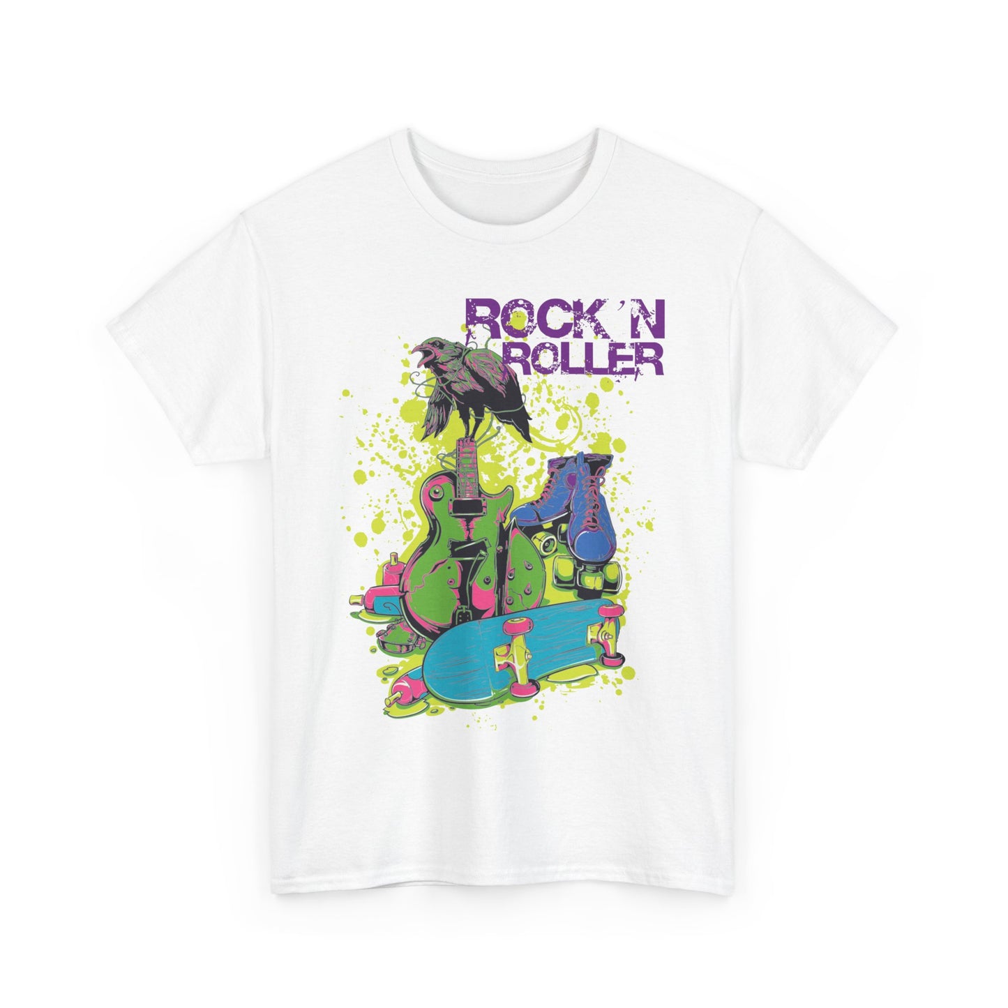 Vibrant graphic design of a men's t-shirt showcasing a crow on electric guitars, roller skates, and a skateboard, embodying a retro rock vibe.