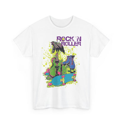 Vibrant graphic design of a men's t-shirt showcasing a crow on electric guitars, roller skates, and a skateboard, embodying a retro rock vibe.