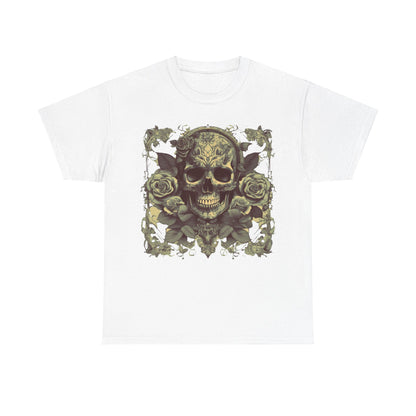 Skulls and Roses Cotton Tee in white, highlighting the intricate steampunk skull design with roses, ideal for making a bold fashion statement.