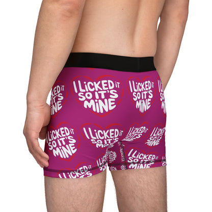 Chic back view of Valentine's Naughty Cheeky Men's Boxer Briefs highlighting the playful 'I LICKED IT SO IT'S MINE' pattern; a humorous yet stylish choice for anniversaries and special occasions.