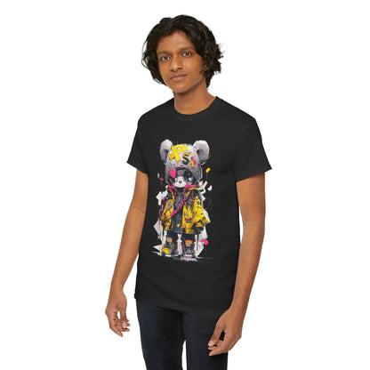 Handsomeness personified with a male model in a black t-shirt adorned with a playful panda design, epitomising chic streetwear.