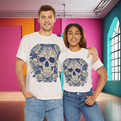 A luxurious Skulls and Roses Cotton Tee showcased on a male and female model, embodying edgy style and ultimate comfort. This unisex graphic shirt features a captivating design with skulls and roses, perfect for alternative fashion enthusiasts. Ideal for various occasions, it exemplifies individuality and trendy sophistication.