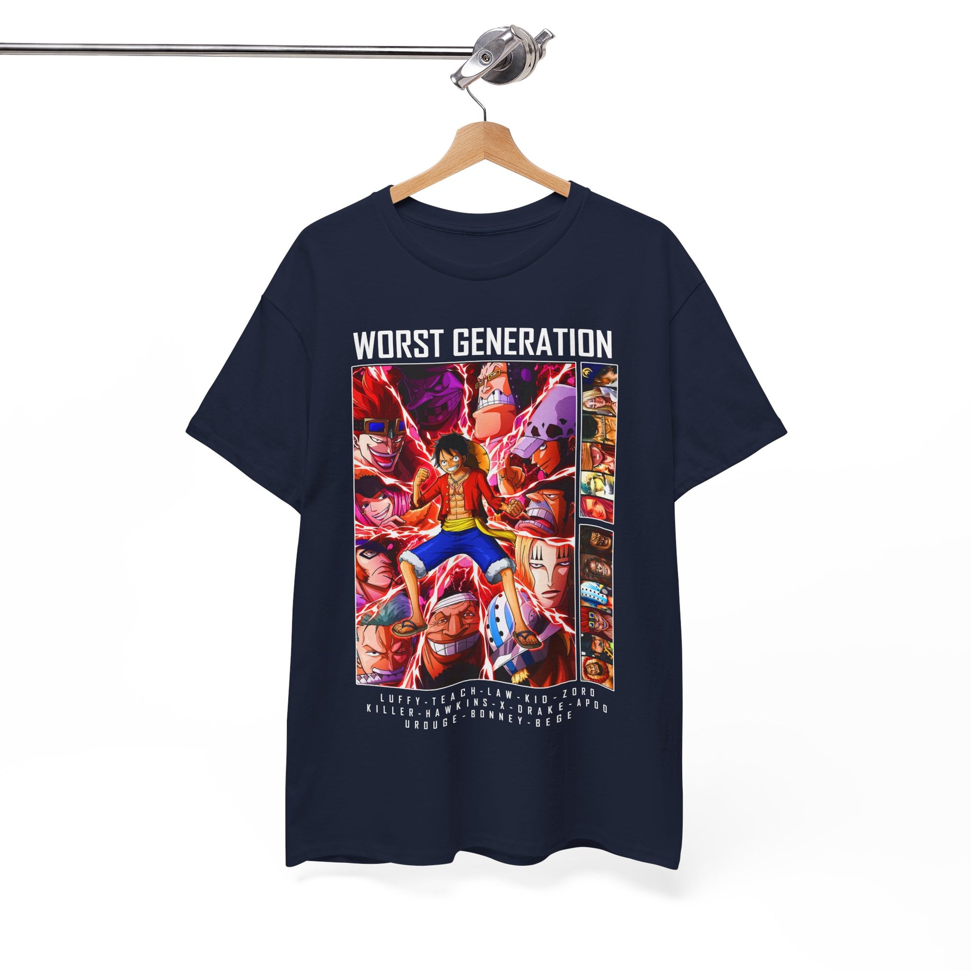 Sophisticated navy blue T-shirt hanging on a wooden hanger, adorned with intricate 'Worst Generation' graphics, ideal for showcasing one’s love for anime in style.