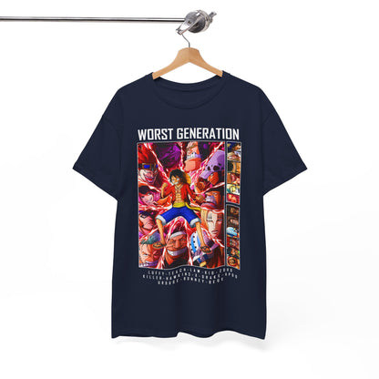 Sophisticated navy blue T-shirt hanging on a wooden hanger, adorned with intricate 'Worst Generation' graphics, ideal for showcasing one’s love for anime in style.