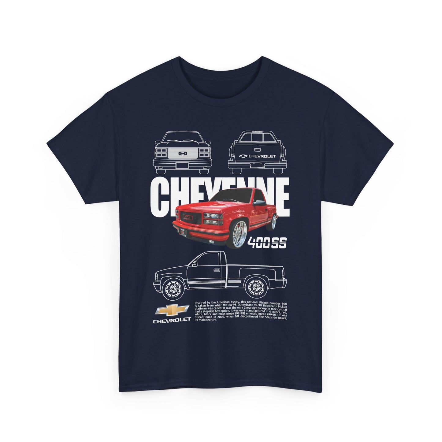 Front view of the navy men's Chevrolet Cheyenne T-shirt featuring a striking graphic design of the 400SS pickup truck, elegantly styled to appeal to automotive aficionados.