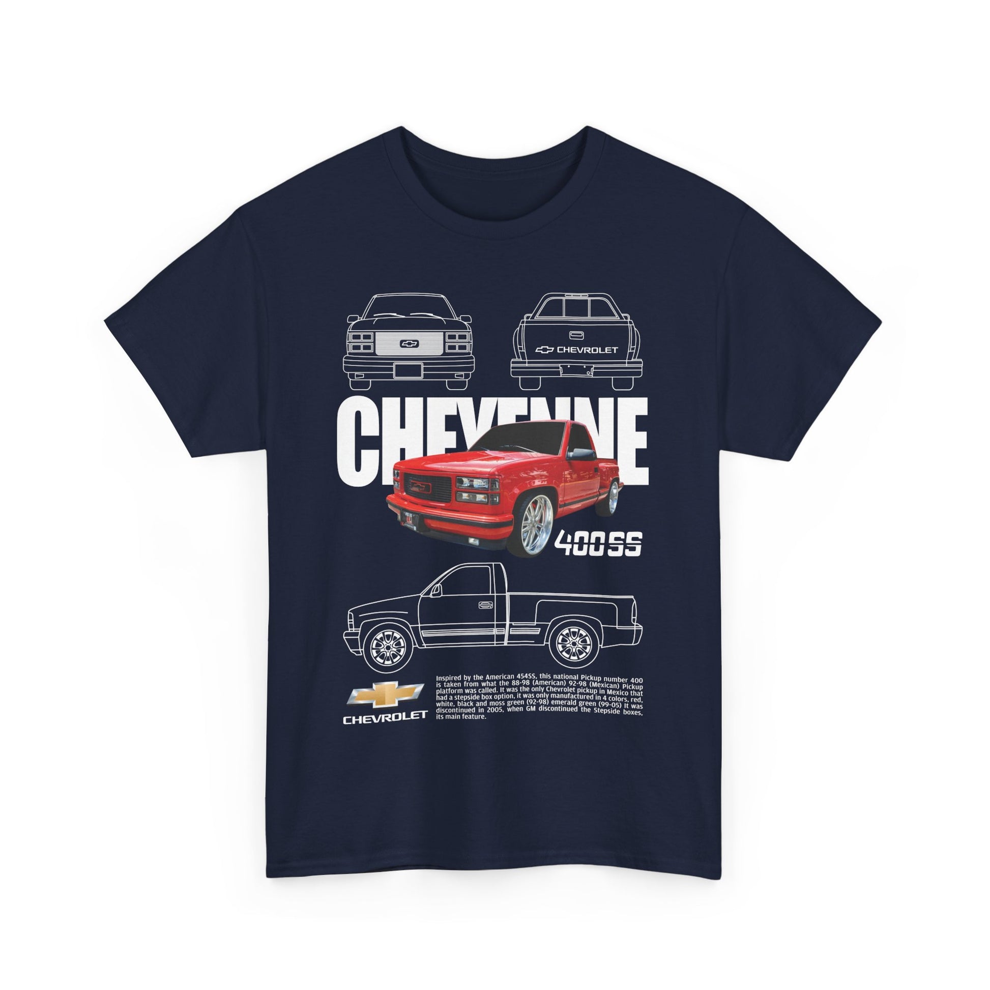Front view of the navy men's Chevrolet Cheyenne T-shirt featuring a striking graphic design of the 400SS pickup truck, elegantly styled to appeal to automotive aficionados.