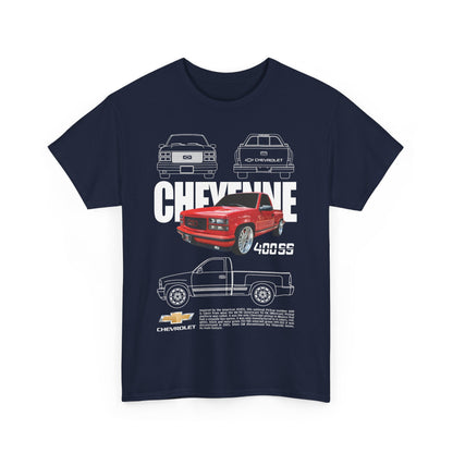 Front view of the navy men's Chevrolet Cheyenne T-shirt featuring a striking graphic design of the 400SS pickup truck, elegantly styled to appeal to automotive aficionados.