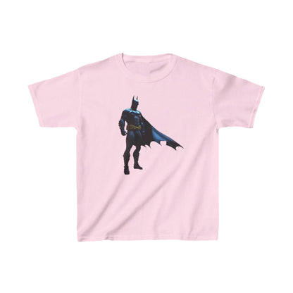 Kids Batman Heavy Cotton T-Shirt in elegant pink featuring the renowned Batman logo, a chic choice for young superheroes.