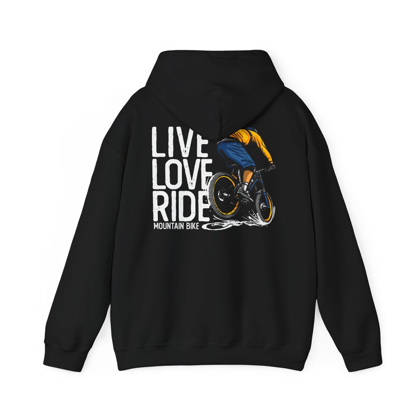 Sophisticated black hoodie adorned with an adventurous mountain biking design, delivering a perfect blend of luxury and sport.