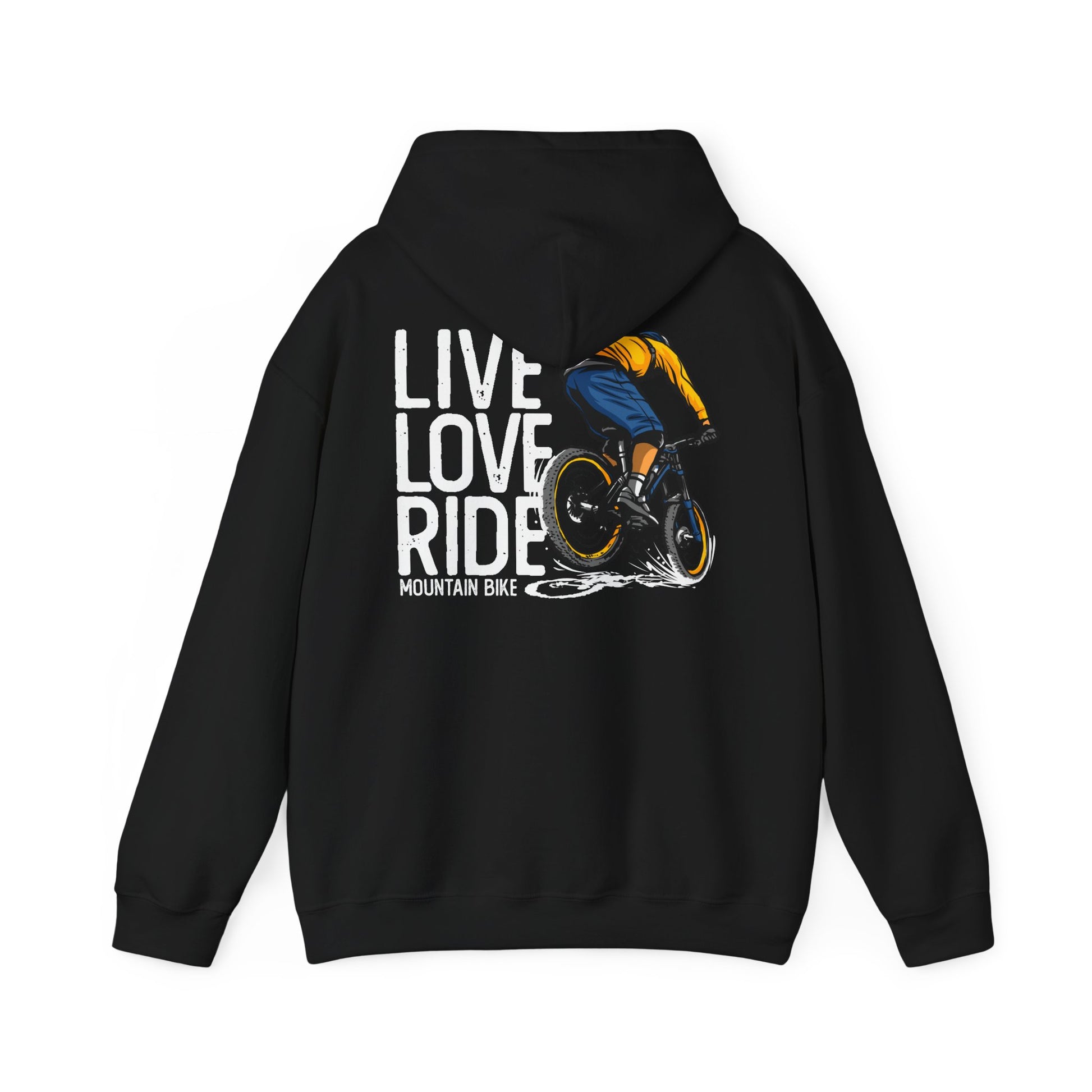 Sophisticated black hoodie adorned with an adventurous mountain biking design, delivering a perfect blend of luxury and sport.
