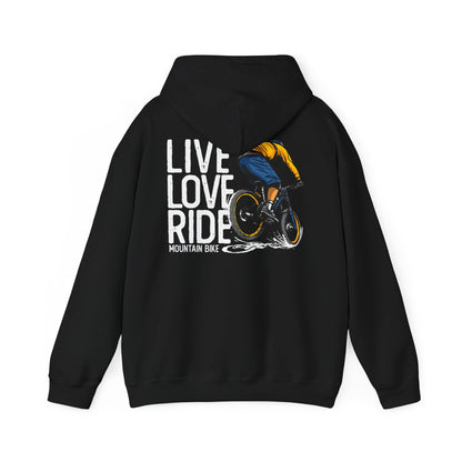 Sophisticated black hoodie adorned with an adventurous mountain biking design, delivering a perfect blend of luxury and sport.