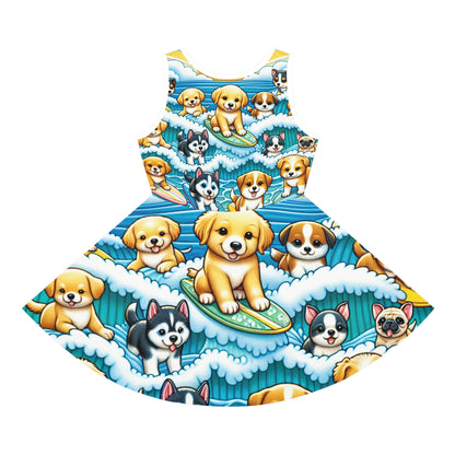 Delicate details of the Ella Blossom Girls Sundress from Dazzling Dreams Studio, showcasing its breathable fabric and charming puppy print for comfortable summer wear.