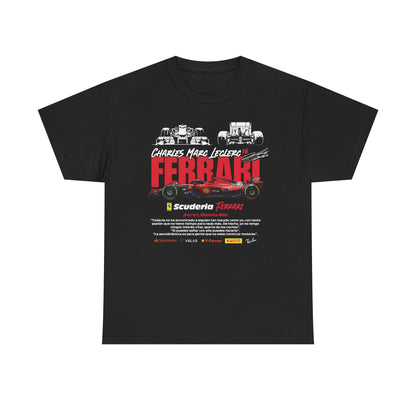 Luxurious black Scuderia Ferrari F1 T-shirt designed for motorsport enthusiasts, featuring Charles Leclerc's iconic 16 racing number, bold red Ferrari graphics, and elegant typography, capturing the thrill of Formula 1 racing.