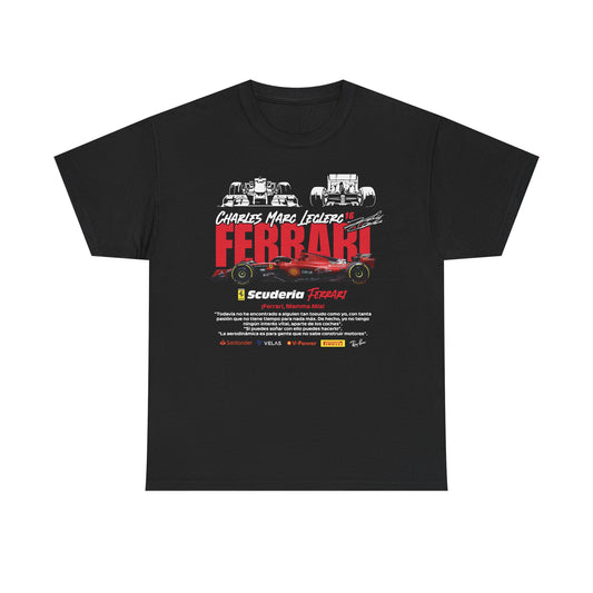 Luxurious black Scuderia Ferrari F1 T-shirt designed for motorsport enthusiasts, featuring Charles Leclerc's iconic 16 racing number, bold red Ferrari graphics, and elegant typography, capturing the thrill of Formula 1 racing.