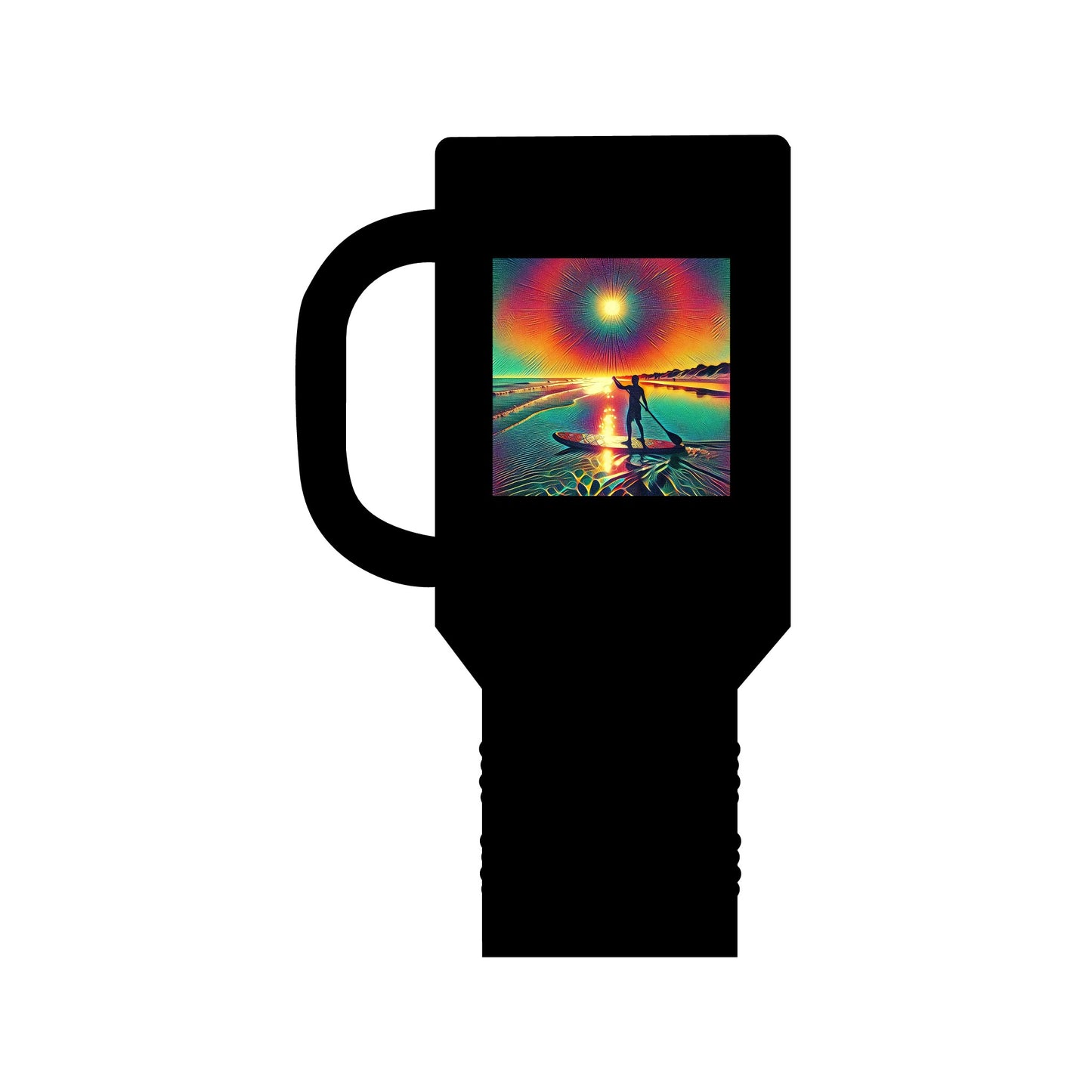 Chic Fantasy Paddleboarding 40oz Insulated Travel Mug in sleek black, adorned with captivating imagery, ideal for outdoor enthusiasts.