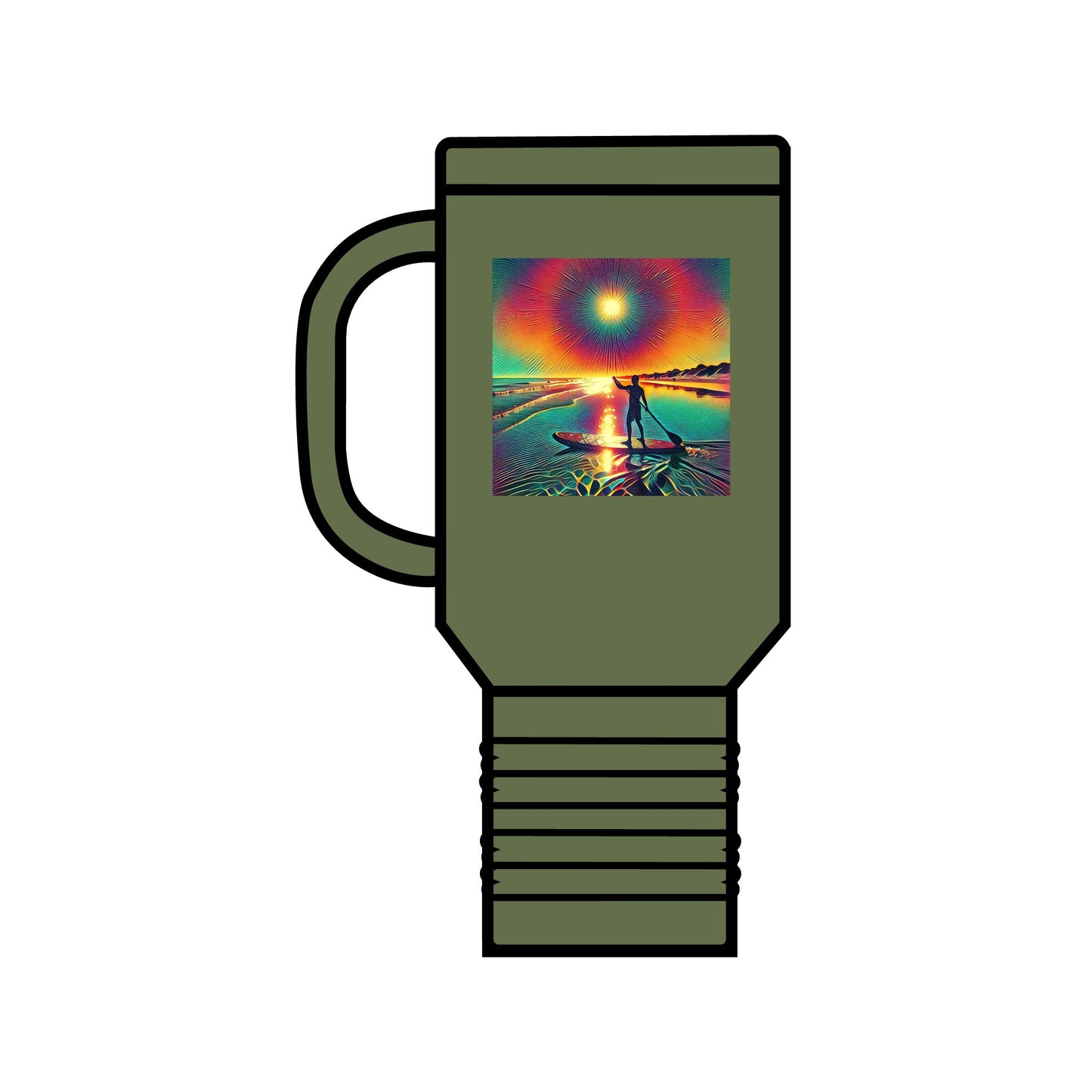 Elegant Fantasy Paddleboarding 40oz Insulated Travel Mug in a sophisticated olive colour, showcasing stunning visual art for a unique drinking experience.