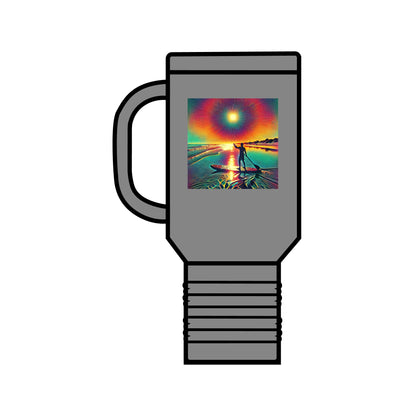 Fantasy Paddleboarding 40oz Insulated Travel Mug in sleek grey, illustrated with a vibrant paddleboarding sunset scene, combining style with practicality for your adventure.