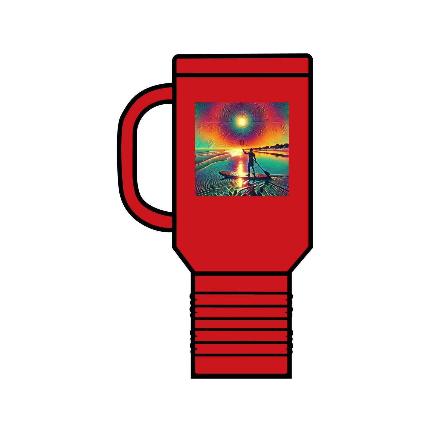 Vibrant red Fantasy Paddleboarding 40oz Insulated Travel Mug with eye-catching artwork, combining style and functionality for luxurious hydration.