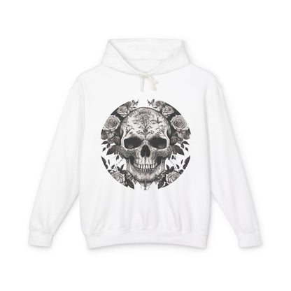 Sophisticated Unisex Lightweight Hooded Sweatshirt with a unique skull and roses design, emphasising style and individuality.