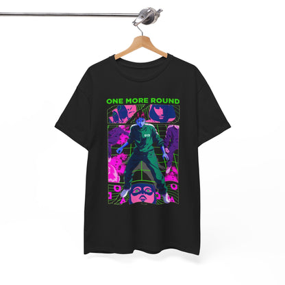 Elegant hanging Squid Game graphic tee displaying striking imagery and the text 'One More Round', a fashionable choice for discerning fans.