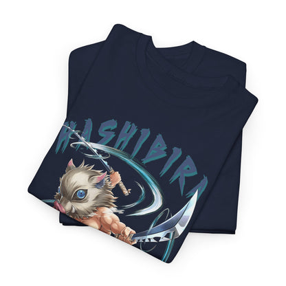 Luxury stacked view of Hashibira Inosuke graphic t-shirts in navy, displaying meticulous craftsmanship and vibrant prints, perfect for collectors and anime aficionados.