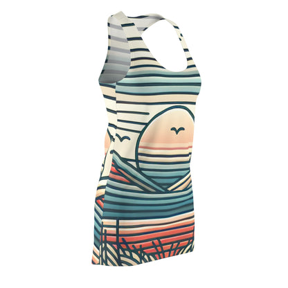 Close-up of the exquisite artistic sunset pattern on the Astro Sunset Pattern Dress by Dazzling Dreams Studio, reflecting a blend of comfort and sophistication.