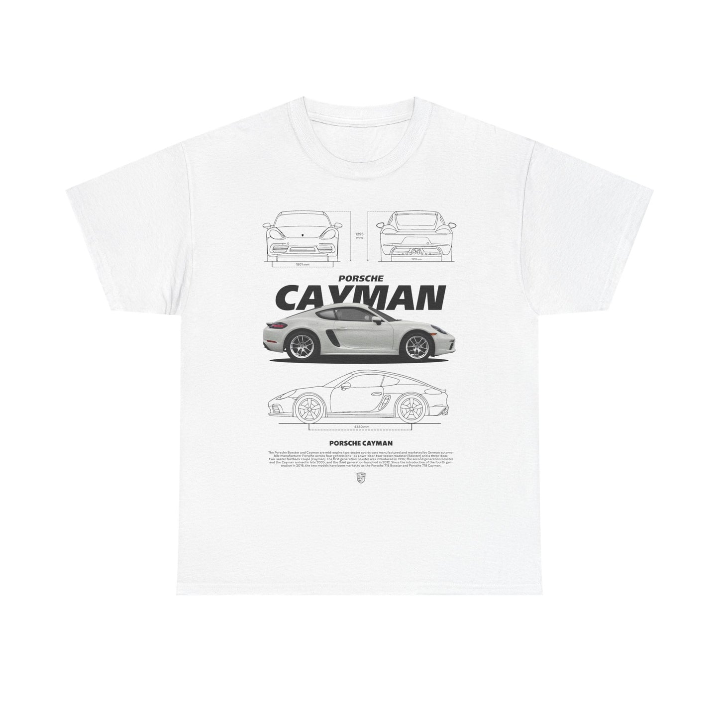 Luxury men's T-shirt featuring a stunning Porsche Cayman design, showcasing technical drawings and multiple perspectives of the iconic sports car against a crisp white background, perfect for car enthusiasts.