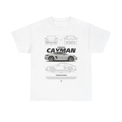 Luxury men's T-shirt featuring a stunning Porsche Cayman design, showcasing technical drawings and multiple perspectives of the iconic sports car against a crisp white background, perfect for car enthusiasts.