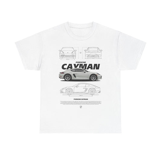 Luxurious white men's T-shirt featuring a detailed design of the Porsche Cayman, showcasing multiple perspectives of the iconic sports car, perfect for car enthusiasts.