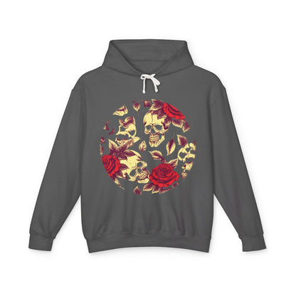 Sophisticated Unisex Lightweight Hooded Sweatshirt with a striking skull and roses artwork, presented in a chic dark grey hue for fashion-forward individuals.