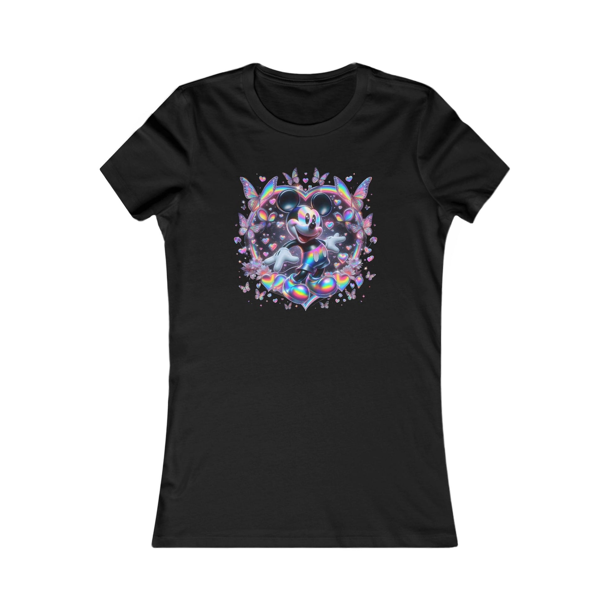 Iridescent Mickey Mouse Women's Cotton T Shirt Tee featuring a vibrant graphic design with iridescent butterflies and hearts, perfect for adding a whimsical touch to your wardrobe.