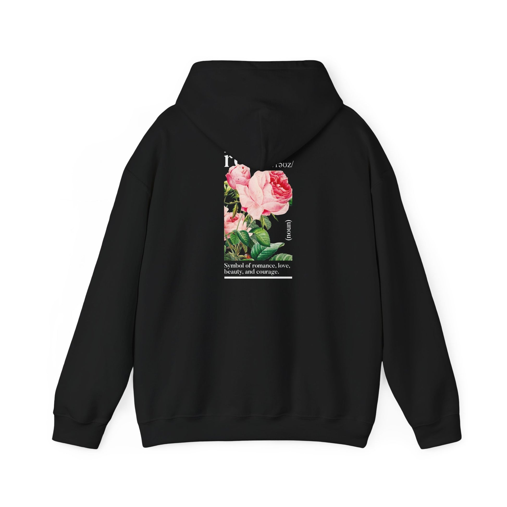 Chic black hoodie adorned with a stunning floral rose illustration on the back, merging artistry with contemporary fashion.